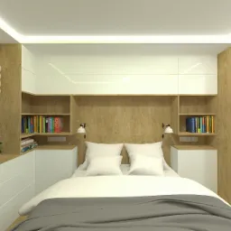 Wizualizacja sypialni z zabudową meblową z drewnianymi akcentami, białymi szafkami i półkami z książkami po bokach łóżka, oświetleniem punktowym i roletami w oknie.