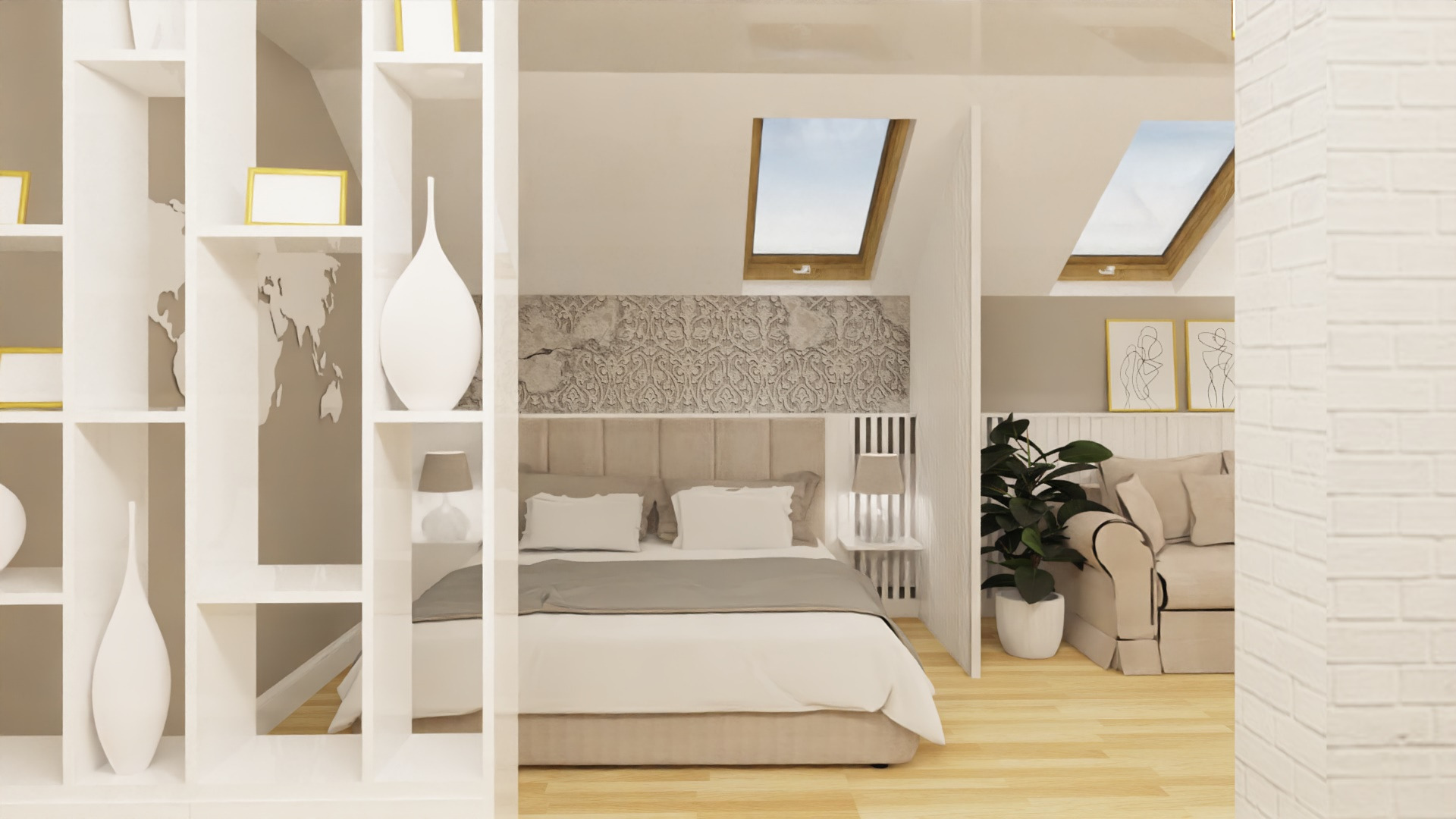 Jasna sypialnia na poddaszu z łóżkiem, półkami z dekoracjami i kanapą w tle, oświetlona światłem wpadającym przez okna dachowe.