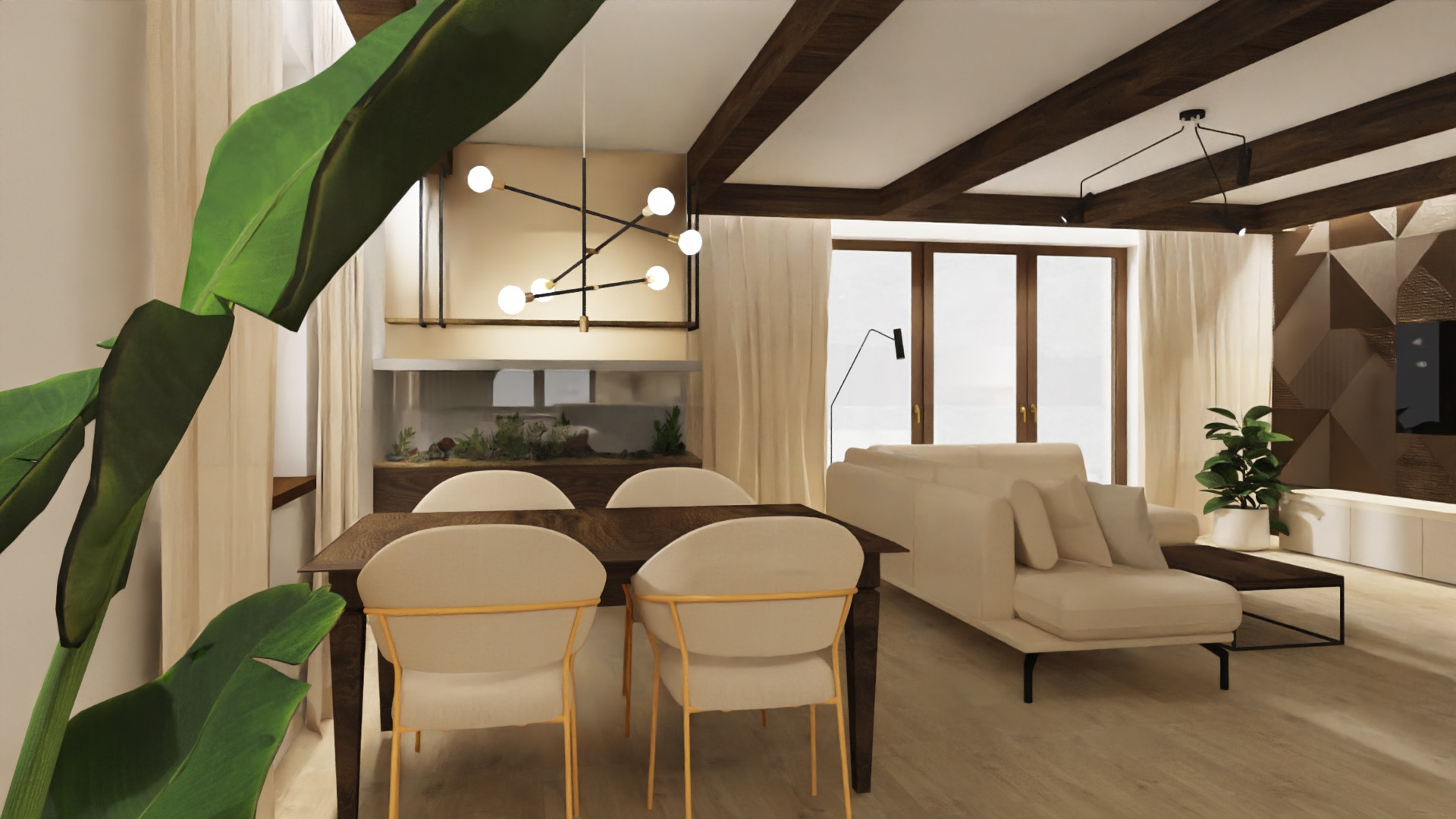 Wizualizacja wnętrza salonu z jadalnią, drewniany stół z krzesłami w kremowych odcieniach, akwarium podwieszane pod sufitem, sofa w jasnym kolorze i geometryczna ściana w tle.