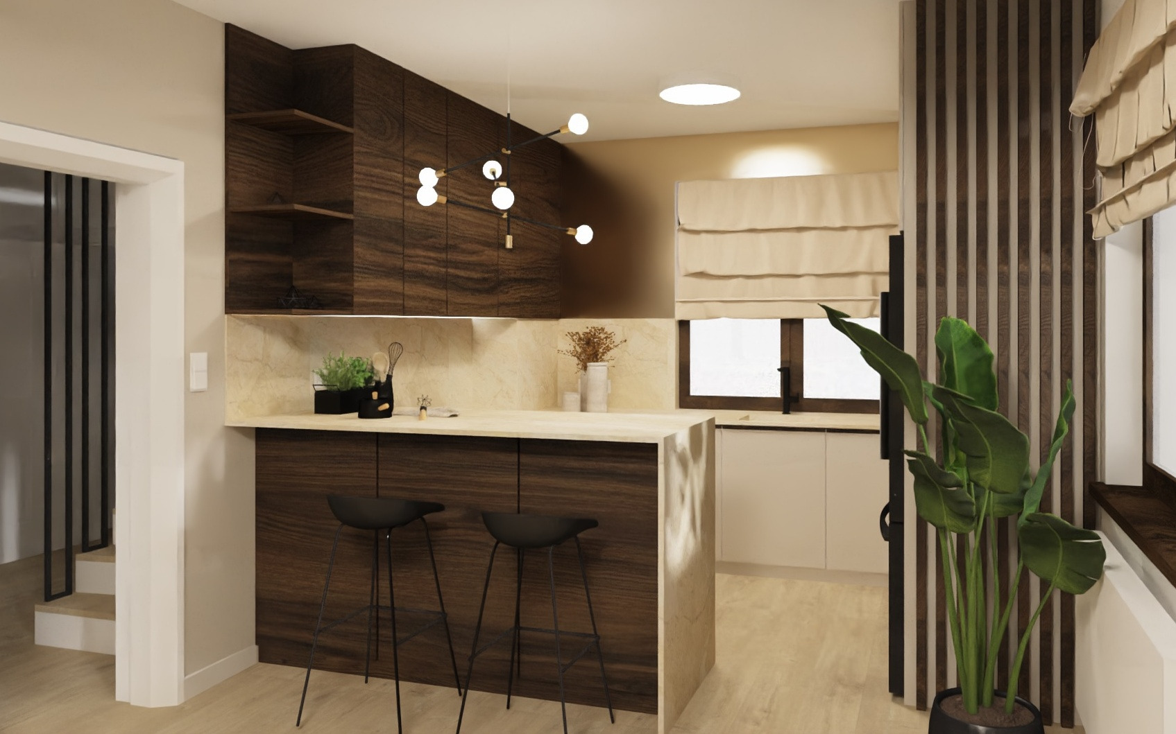 Wizualizacja kuchni z barkiem, drewnianymi szafkami, marmurowym blatem i nowoczesnym oświetleniem punktowym, uzupełniona rośliną doniczkową i czarnymi hokerami.
