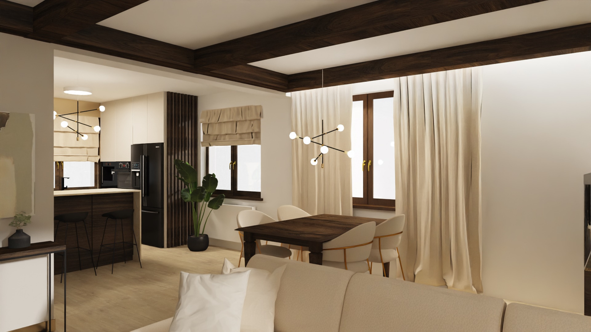 Wizualizacja wnętrza mieszkania z otwartą kuchnią, jadalnią i fragmentem salonu, z drewnianymi belkami stropowymi, nowoczesnym oświetleniem i rośliną doniczkową.