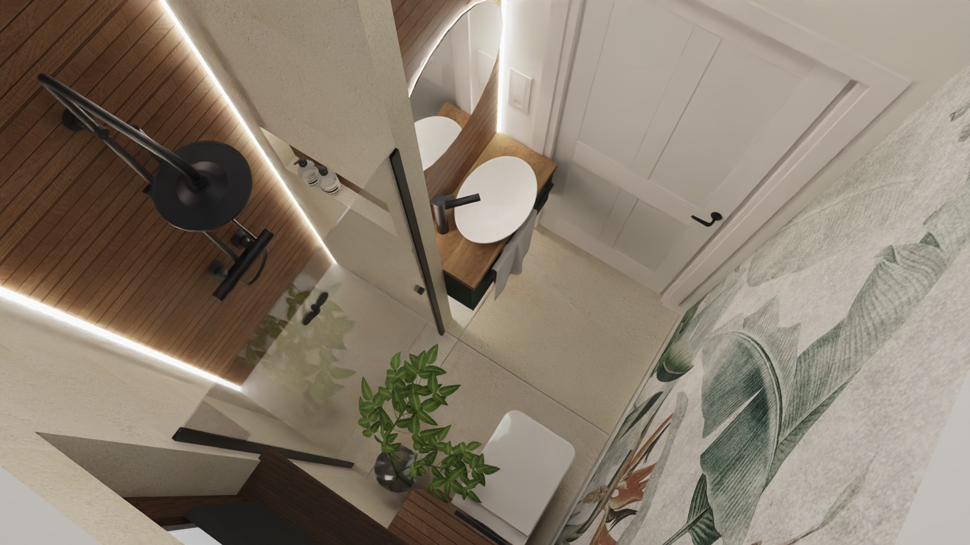 Wizualizacja łazienki z drewnianym akcentem na suficie, deszczownicą w kolorze czarnym, umywalką nablatową na drewnianym blacie, lustrem z podświetleniem LED i ścianą z tapetą w tropikalne liście.