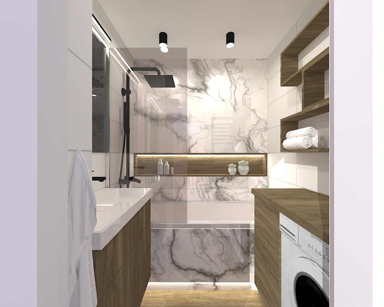 Wizualizacja nowoczesnej łazienki w Mysłowicach z marmurową ścianą, czarną armaturą prysznicową i drewnianymi elementami wykończeniowymi, w tym półkami z ręcznikami i szafką pod umywalką.