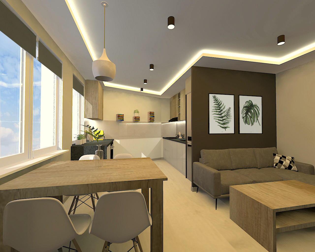 Wizualizacja wnętrza: połączona kuchnia z salonem, drewniany stół z białymi krzesłami, szara sofa z poduszką w geometryczny wzór, grafiki roślinne na ścianie, oświetlenie sufitowe LED.