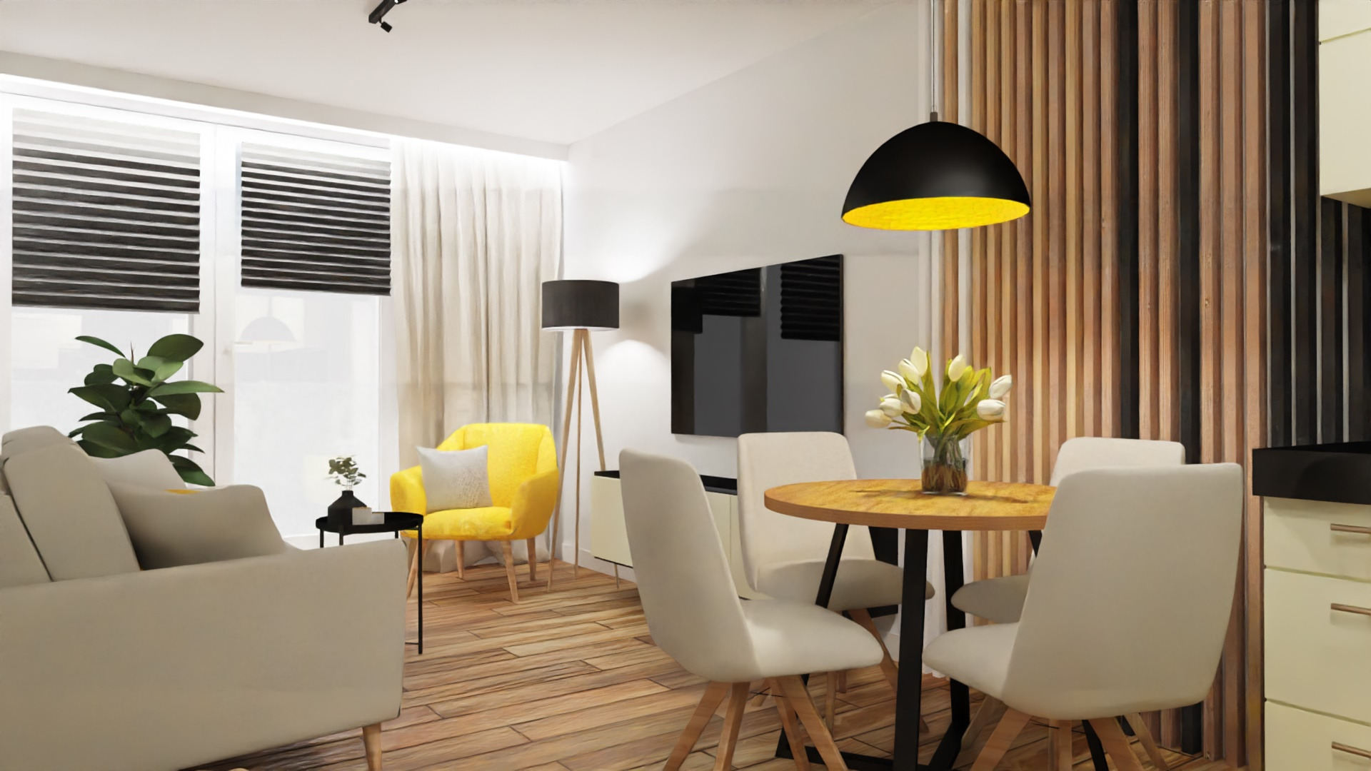 Wizualizacja salonu z jadalnią: beżowa sofa, żółty fotel, okrągły drewniany stół z białymi krzesłami, drewniana ściana z lamelami, okno z żaluzjami dzień-noc.