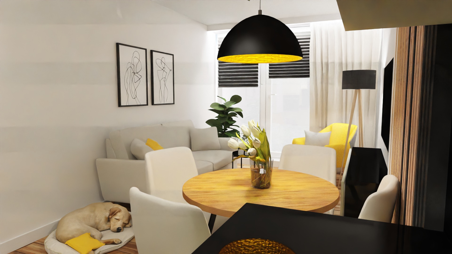 Wizualizacja salonu z okrągłym drewnianym stołem, białymi krzesłami, sofą w tle, lampą wiszącą z czarnym kloszem i śpiącym labradorem na poduszce w rogu.
