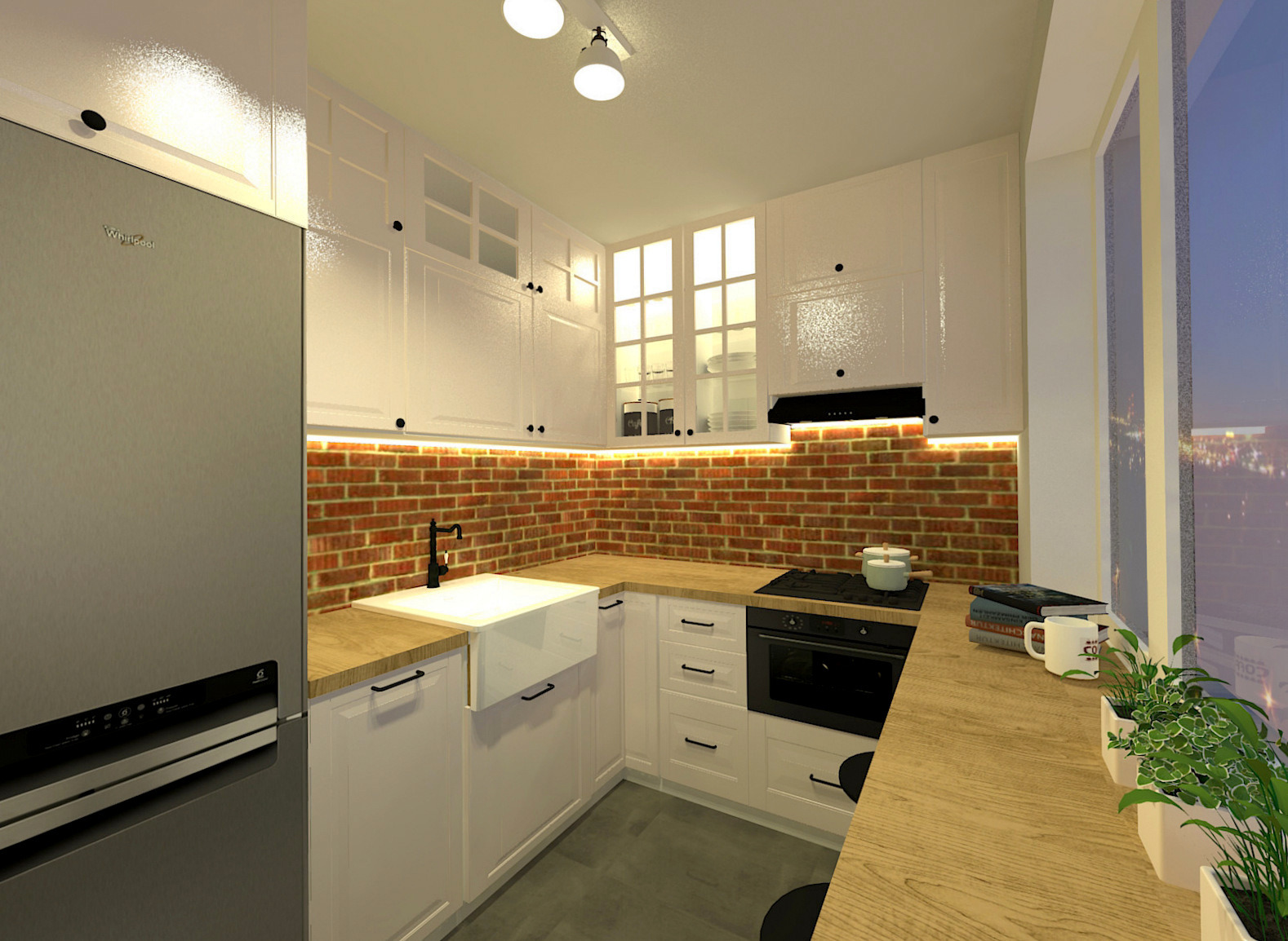 Wizualizacja kuchni z białymi szafkami, drewnianym blatem i ceglaną ścianą nad blatem, oświetlona listwą LED podszafkową. Widoczny zlew farmerski, płyta grzewcza, piekarnik i roślina w doniczce...