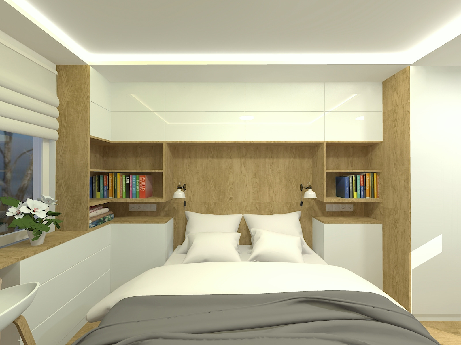 Wizualizacja sypialni z zabudową meblową z drewnianymi akcentami, białymi szafkami i półkami z książkami po bokach łóżka, oświetleniem punktowym i roletami w oknie.