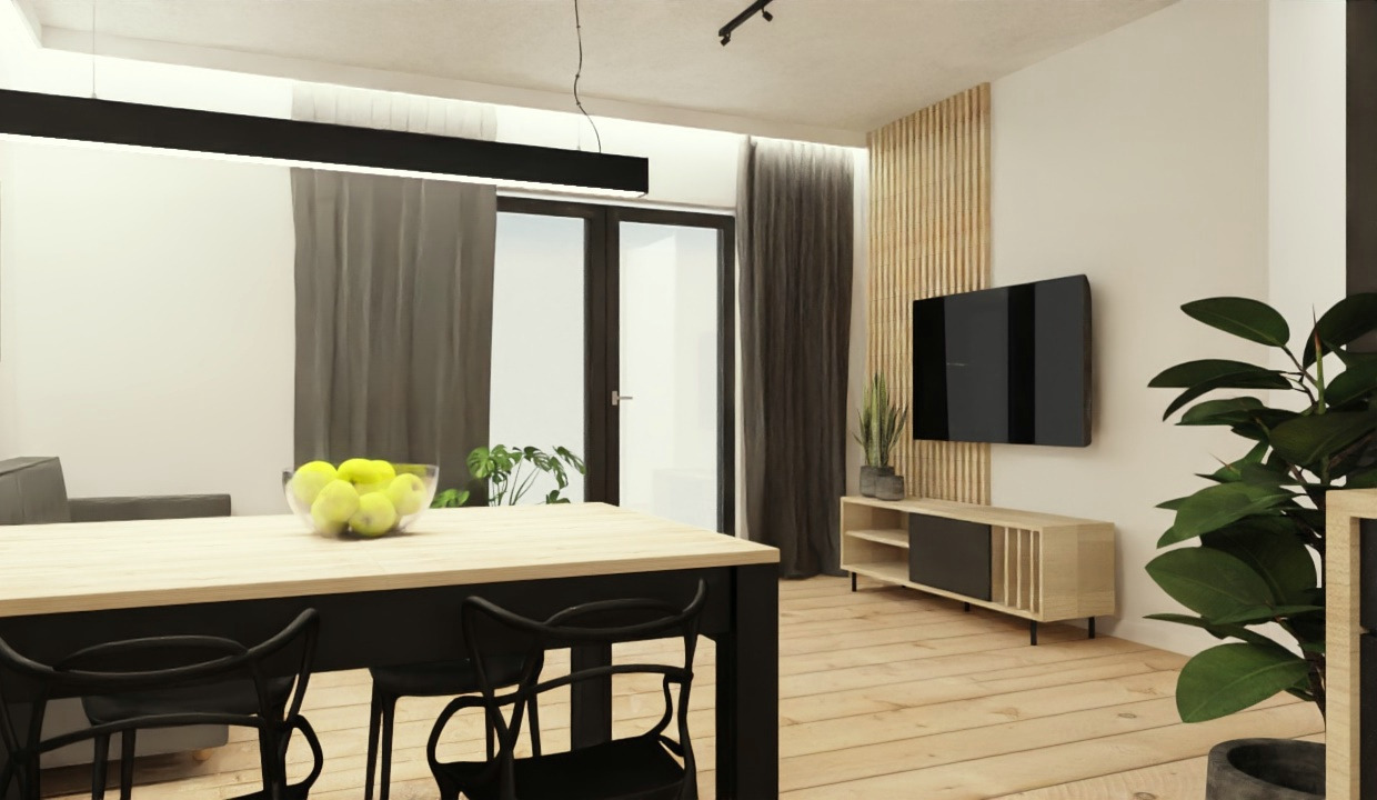 Wizualizacja nowoczesnego salonu z jadalnią: drewniana podłoga, czarne krzesła przy jasnym stole, telewizor na ścianie z drewnianymi panelami, szare zasłony i rośliny doniczkowe.