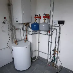 Zestaw urządzeń grzewczych Viessmann w kotłowni z szarą, kwadratową podłogą, widoczne rury instalacyjne, zbiornik buforowy, naczynia wzbiorcze i kocioł grzewczy