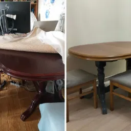 Renowacja okrągłego stołu: widok przed (z lewej, z akcesoriami i osłoną) i po (z prawej, z krzesłami).