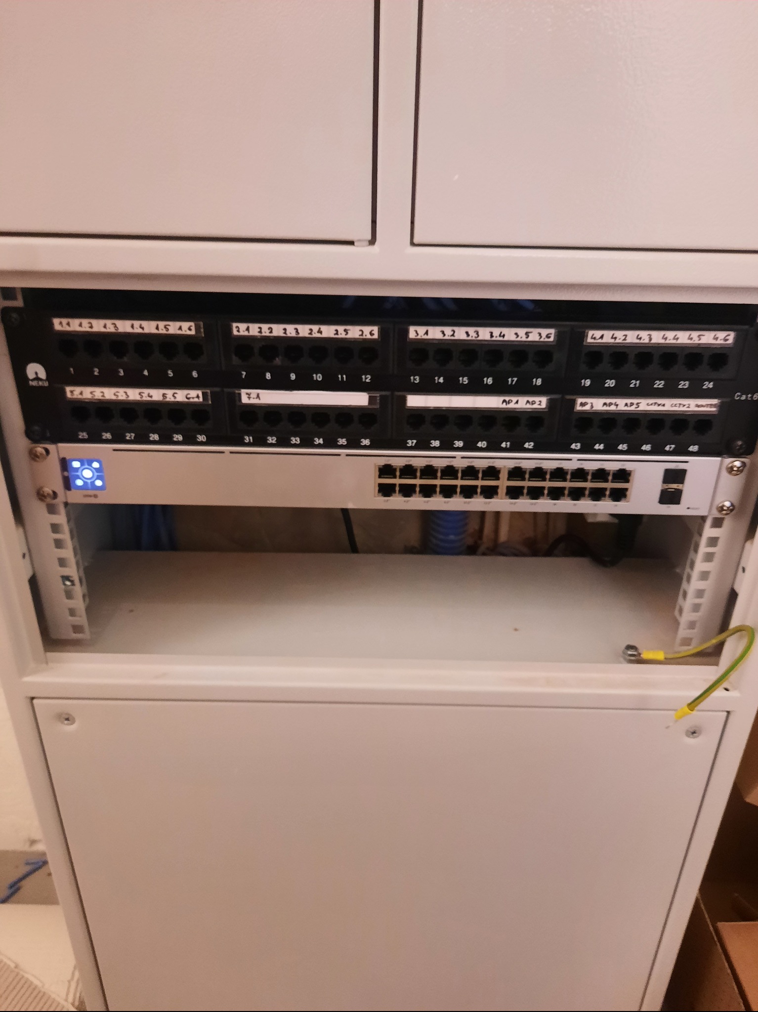 Szafa rack z patch panelem i switchem. Widoczne kable sieciowe, oznaczenia portów i diody sygnalizacyjne. Uziemienie podłączone do obudowy. Biała szafa w pomieszczeniu.