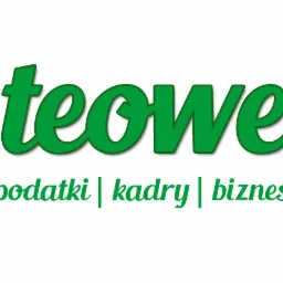 Zielone logo firmy Teowe z hasłem 'podatki | kadry | biznes' na białym tle.