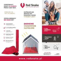 Infografika reklamowa systemu grzewczego Red Snake prezentująca zalety: oszczędność, fotowoltaika, zdrowie, komfort, nowoczesność i bezawaryjność, wizualizacja domu z matami grzewczymi na podłodze,...