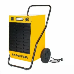 Ż&oacute;łty osuszacz powietrza Master z czarną kratką wentylacyjną i k&oacute;łkami, widok z przodu na białym tle.