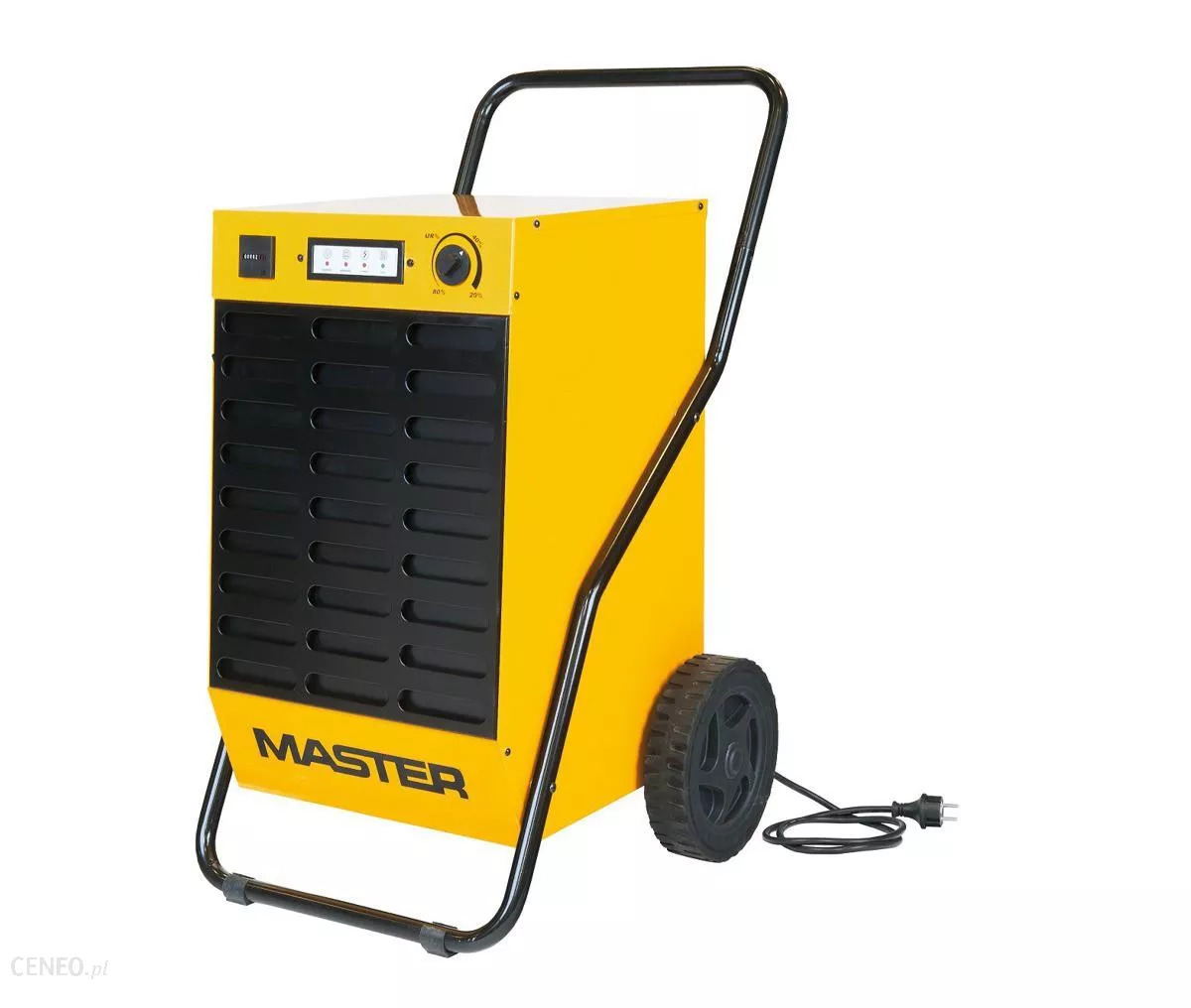 Żółty osuszacz powietrza Master z czarną kratką wentylacyjną i kółkami, widok z przodu na białym tle.