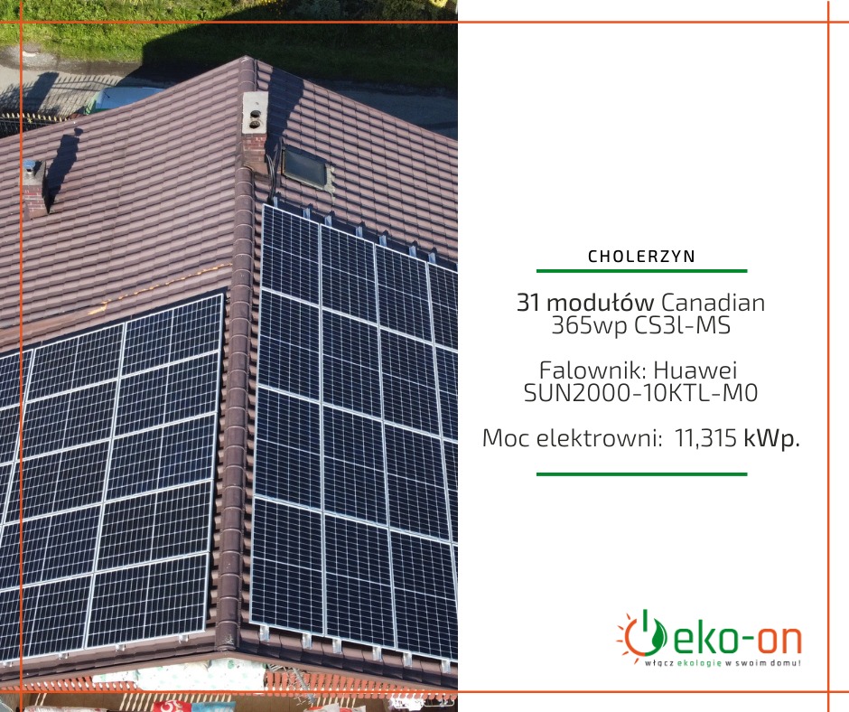 Instalacja fotowoltaiczna na brązowym dachu skośnym z kominem i oknem dachowym, widok z góry, z boku logo firmy Eko-on i specyfikacja techniczna.