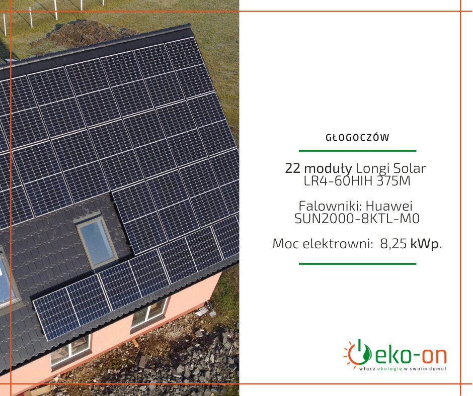 Instalacja paneli słonecznych Longi Solar LR4-60HIH 375M na dachu domu w Głogoczowie, falowniki Huawei SUN2000-8KTL-MO, moc elektrowni 8,25 kWp, widok z góry, logo Eko-on.