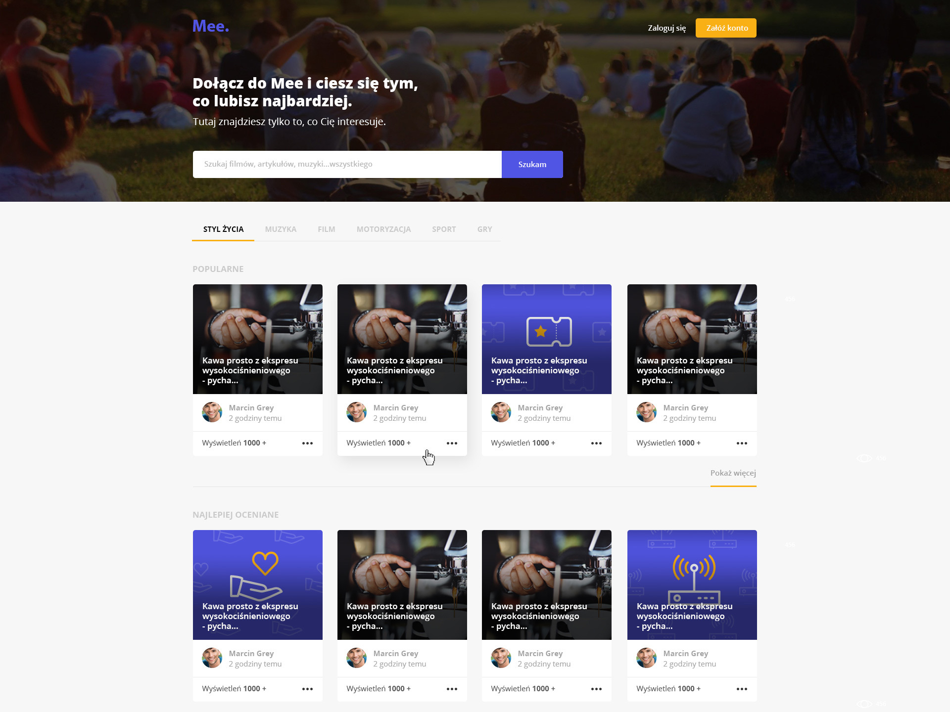 Strona internetowa z listą filmów, artykułów i muzyki, z wyszukiwarką i podziałem na kategorie tematyczne.