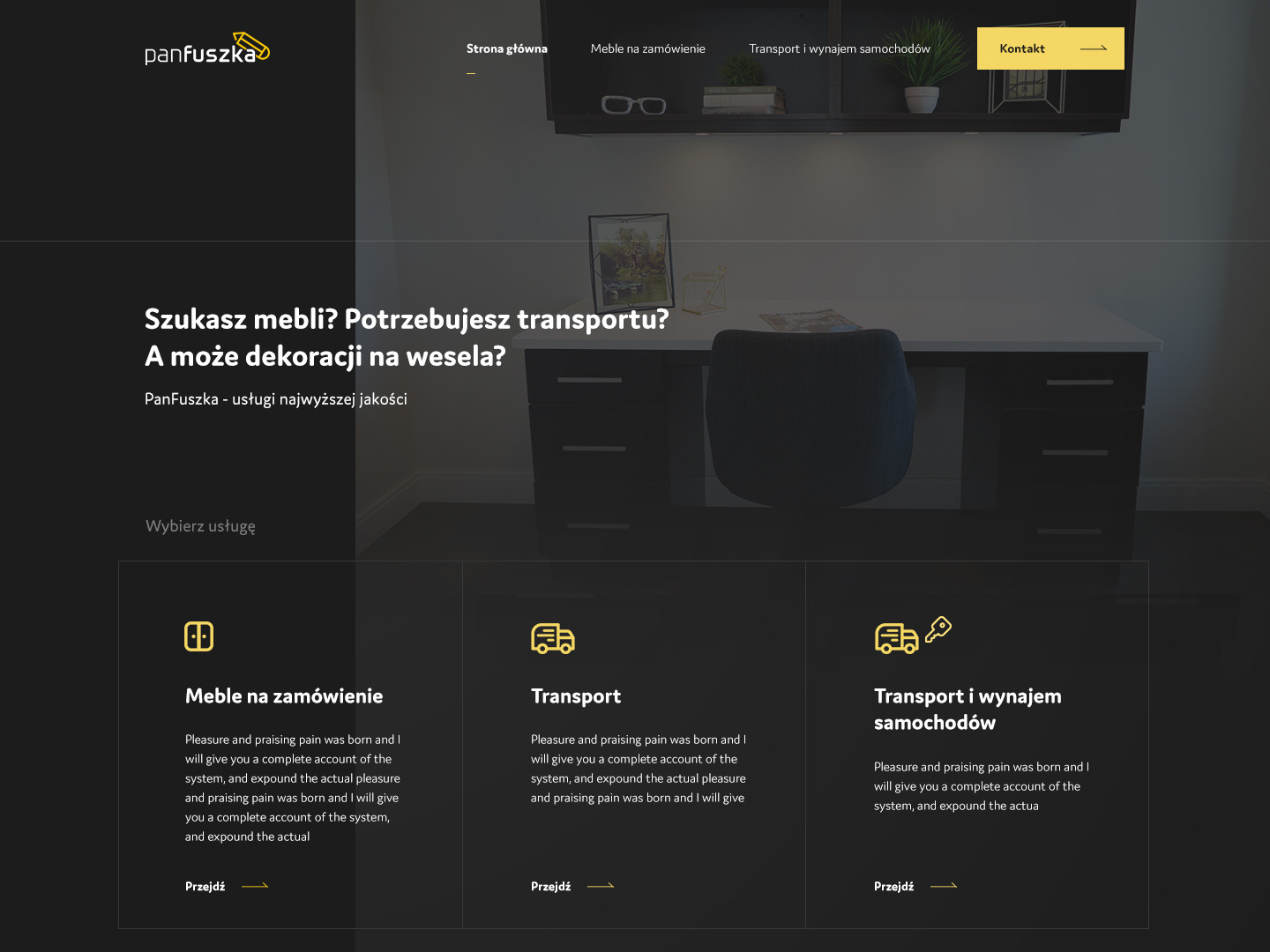 Landing page firmy meblarskiej PanFuszka z hasłem 'Szukasz mebli? Potrzebujesz transportu? A może dekoracji na wesela?'
