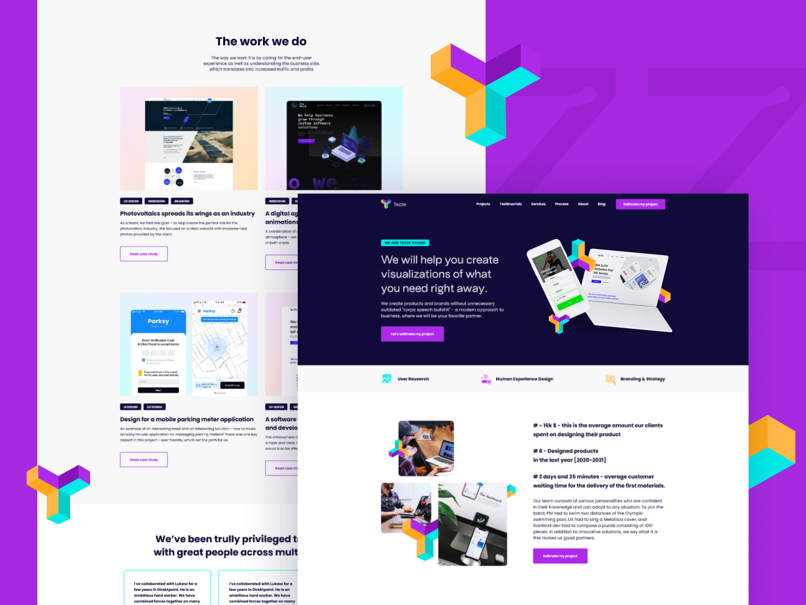 Prezentacja portfolio agencji interaktywnej Tezze Studio, z przykładami zrealizowanych projektów stron internetowych i aplikacji mobilnych, z użyciem laptopów i smartfonów.