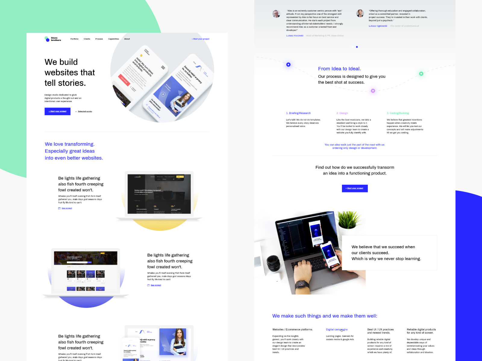 Układ strony internetowej prezentujący proces tworzenia, od briefingu przez projektowanie po kodowanie, z laptopem i smartfonem wyświetlającymi interfejs użytkownika, obok roślina i filiżanka.