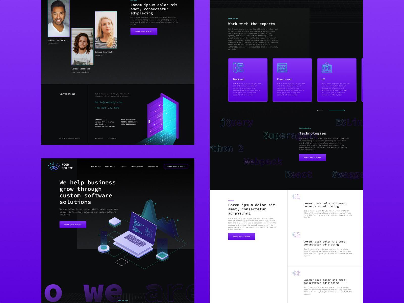 Projekt strony internetowej prezentujący zespół programistów, technologie i proces tworzenia oprogramowania, z wizualizacją kodu na laptopie i interaktywnymi elementami graficznymi...