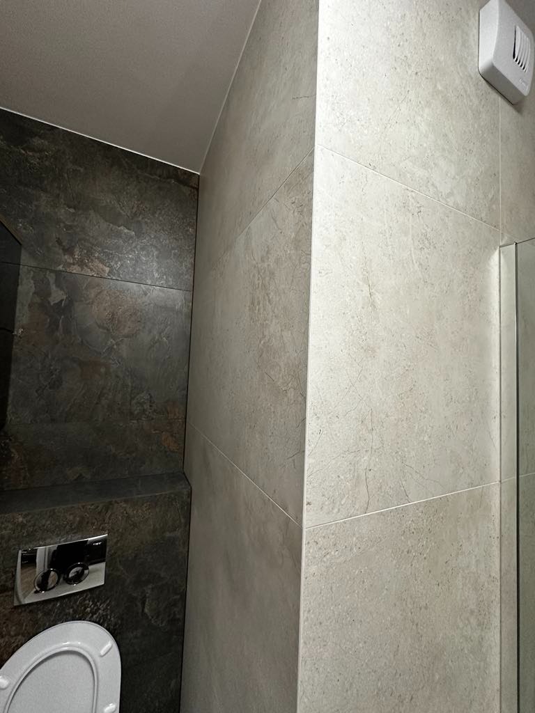 Wykończona łazienka z ciemnymi, kamiennymi płytkami po lewej stronie i jasnymi, marmurkowymi płytkami po prawej, widoczny fragment toalety i przycisk spłuczki.