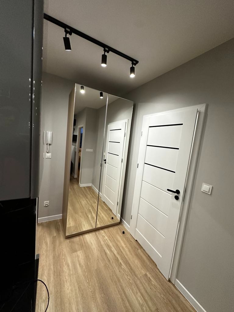 Wnętrze korytarza z panelami podłogowymi w odcieniach drewna, lustrzaną szafą w zabudowie i białymi drzwiami z poziomymi czarnymi paskami, oświetlone szynoprzewodem z reflektorami.