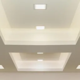 Podwieszany sufit z kaskadowymi wgłębieniami i wbudowanym oświetleniem LED, widok z dołu.