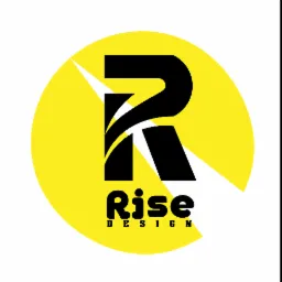 Czarno-białe logo 'Rise Design' z dużą literą 'R' na żółtym okręgu z białymi akcentami.