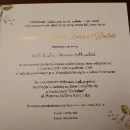 Zaproszenia na ślub, zawieszki, koperty, naklejki na ciasto wraz z personalizacją czy złoceniem (wykonanie projektu + zlecenie wydrukowania w drukarni)