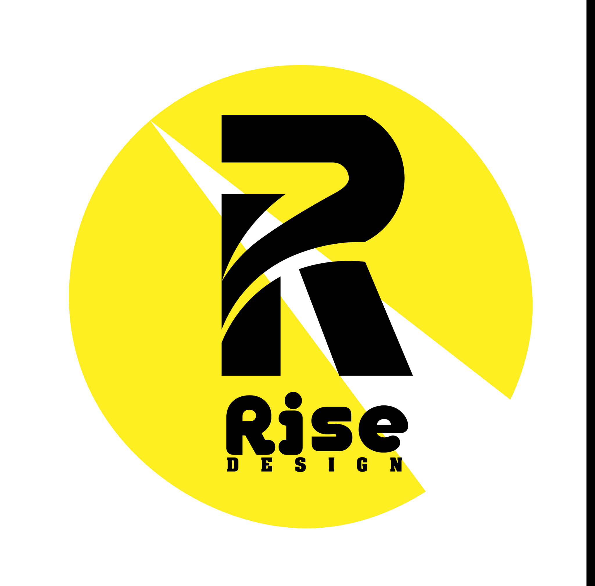 Czarno-białe logo 'Rise Design' z dużą literą 'R' na żółtym okręgu z białymi akcentami.