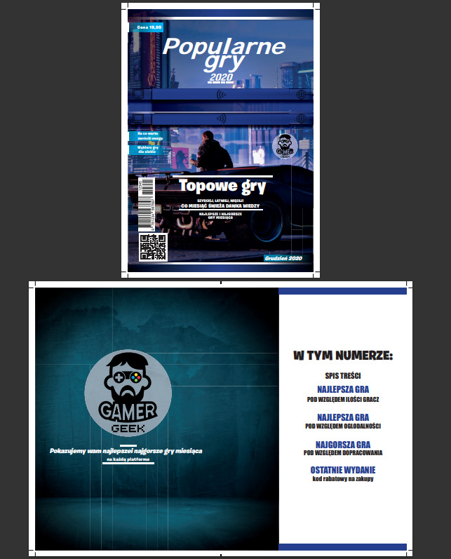 Projekt broszury reklamowej dla firmy Gamer Geek, prezentujący okładkę magazynu o grach i logo firmy, z listą zawartości numeru.