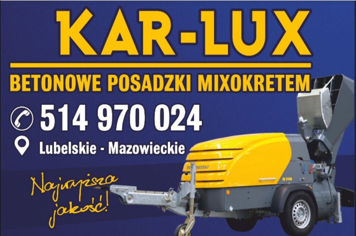 Reklama firmy Kar-Lux oferującej betonowe posadzki mixokretem, prezentująca żółto-szarą maszynę do wylewania posadzek z napisem 'Putzmeister' i numerem telefonu kontaktowym.