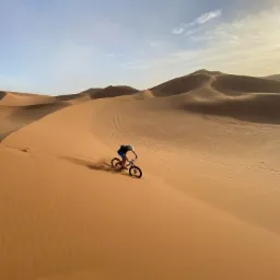 Rowerzysta w kasku i sportowym stroju zjeżdża na rowerze typu fatbike po piaszczystej wydmie w słoneczny dzień. W tle rozległy krajobraz pustynny.