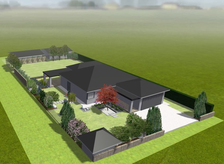 Wizualizacja 3D domu jednorodzinnego z ogrodem, widok z lotu ptaka, prezentacja zagospodarowania terenu z elementami zieleni, ścieżkami i małą architekturą.