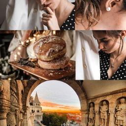 KasiWizja - Kolaż: portret kobiety z perłową kolczykiem, talerz z pączkami z lukrem i widok na Budapeszt przez kamienny łuk.