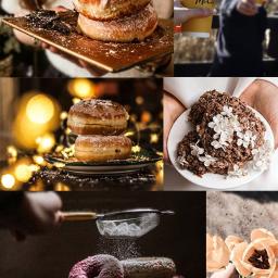 KasiWizja - Kompozycja z sześciu kadrów: pączki z cukrem pudrem prezentowane na różne sposoby, kawa McCafe, deser czekoladowy z kwiatami, posypywanie pączków cukrem pudrem, tulipany w dłoniach.