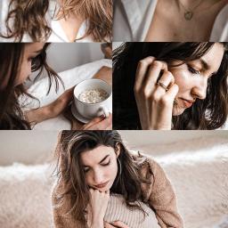 KasiWizja - Kolaż portretowy kobiety z detalami: twarz z delikatnym makijażem, złoty naszyjnik, filiżanka owsianki, dłoń z pierścionkiem i ujęcie całej sylwetki w swetrze, trzymającej poduszkę.