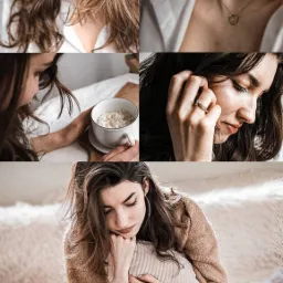 Kolaż portretowy kobiety z detalami: twarz z delikatnym makijażem, złoty naszyjnik, filiżanka owsianki, dłoń z pierścionkiem i ujęcie całej sylwetki w swetrze, trzymającej poduszkę.