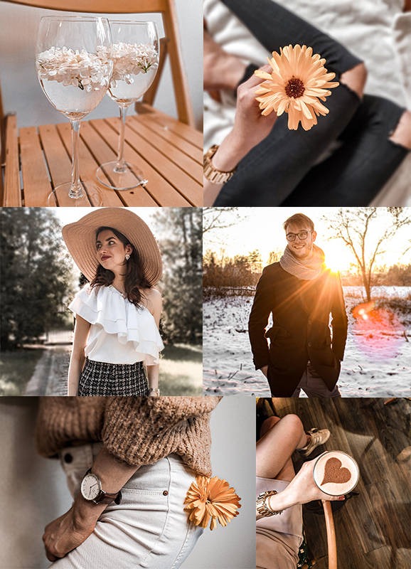 Kompozycja sześciu ujęć: kwiaty w kieliszkach, kobieta z kwiatem, kobieta w kapeluszu, mężczyzna w szaliku na tle zachodzącego słońca, zegarek na ręce, kawa z sercem.