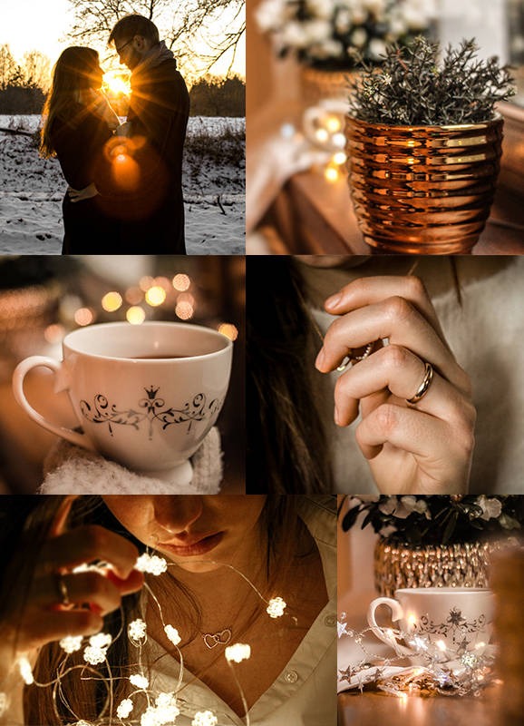 Kolaż zdjęć: para zakochanych na tle zachodzącego słońca w zimowej scenerii, złoty garnek z ziołami, filiżanka z napojem w rękawiczkach, dłoń z obrączką i kobieta trzymająca światełka w kształcie...