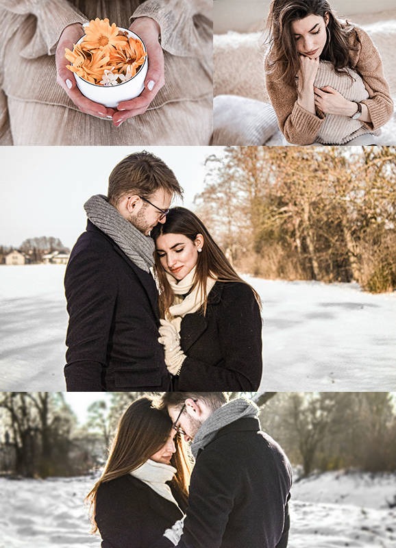 Kolaż z czterech ujęć: dłonie trzymające miseczkę z pomarańczowymi kwiatami, kobieta przytulająca poduszkę, para przytulona na tle zimowego krajobrazu, zbliżenie pary w zimowej scenerii.