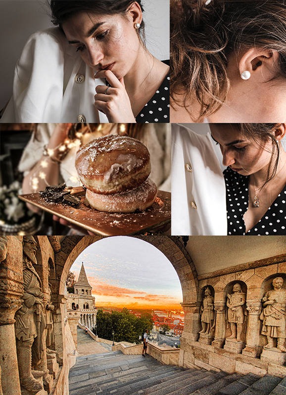Kolaż: portret kobiety z perłową kolczykiem, talerz z pączkami z lukrem i widok na Budapeszt przez kamienny łuk.