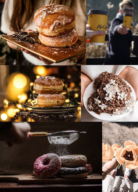 Kompozycja z sześciu kadrów: pączki z cukrem pudrem prezentowane na różne sposoby, kawa McCafe, deser czekoladowy z kwiatami, posypywanie pączków cukrem pudrem, tulipany w dłoniach.