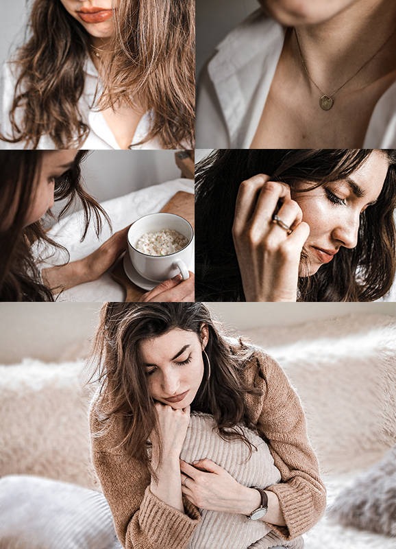 Kolaż portretowy kobiety z detalami: twarz z delikatnym makijażem, złoty naszyjnik, filiżanka owsianki, dłoń z pierścionkiem i ujęcie całej sylwetki w swetrze, trzymającej poduszkę.