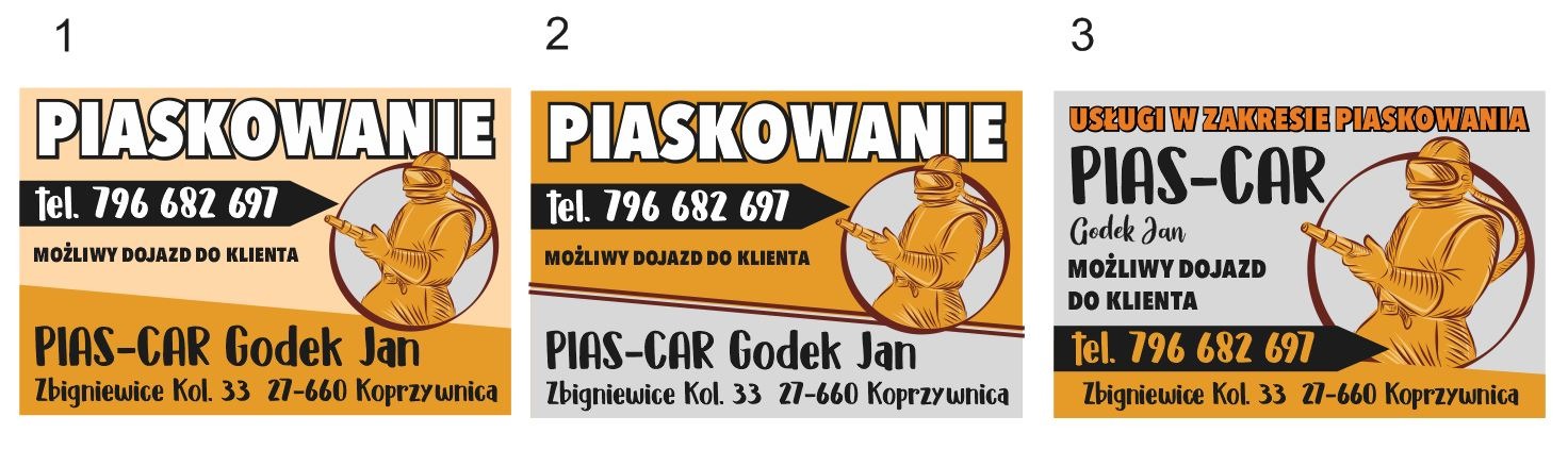 Trzy wersje grafiki reklamowej firmy PIAS-CAR Godek Jan, oferującej usługi z zakresu piaskowania, z numerem telefonu 796 682 697 i adresem w Zbigniewicach, przedstawiające schematyczny rysunek...