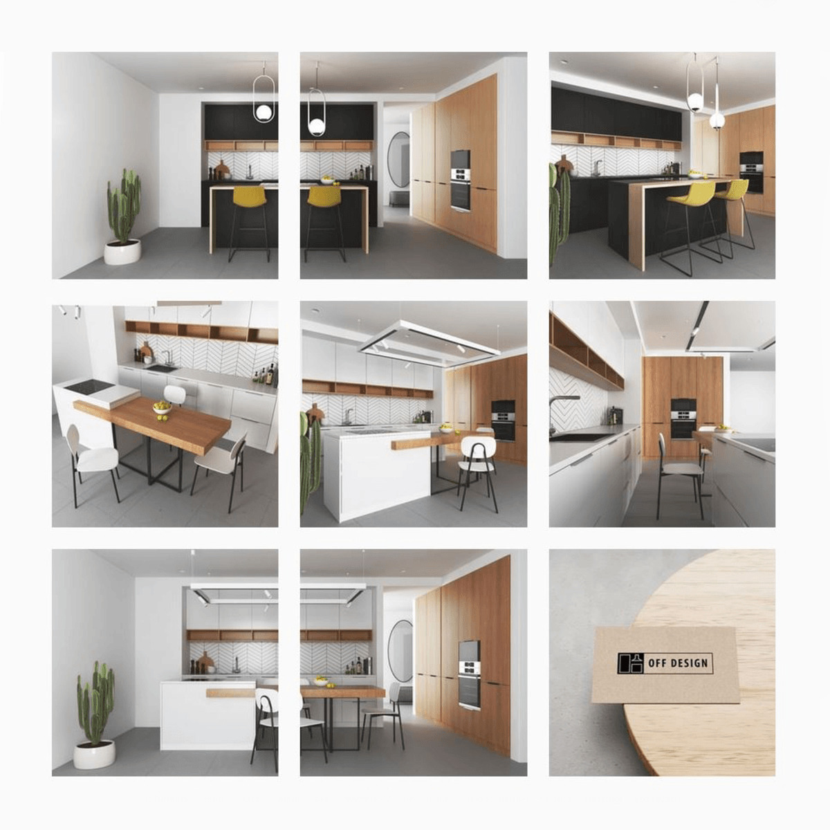 Kompilacja wizualizacji nowoczesnych kuchni z drewnianymi i białymi elementami, oświetleniem punktowym i roślinami doniczkowymi, uzupełniona wizytówką firmy projektowej.
