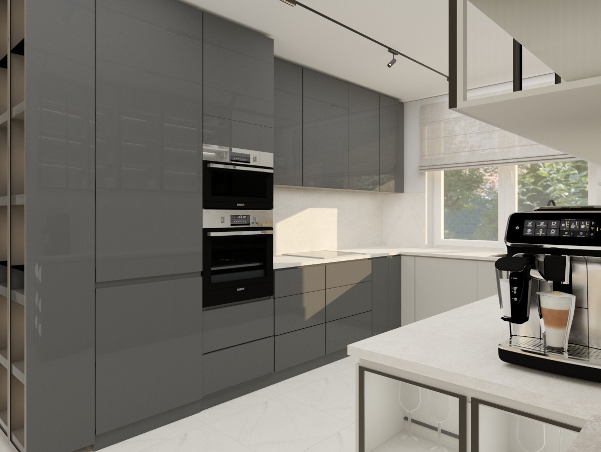 Nowoczesna kuchnia w szarościach z połyskiem: zabudowa meblowa, sprzęt AGD, ekspres do kawy na blacie. Minimalistyczny design z oknem i subtelnym oświetleniem.